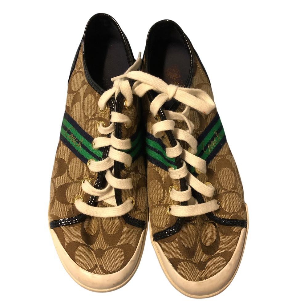 Coach Signature Canvas Stripe Sneakers Brown Tan Green Blue Women's Size 9